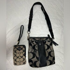 Coach Black and Tan Signature Crossbody and Wristlet